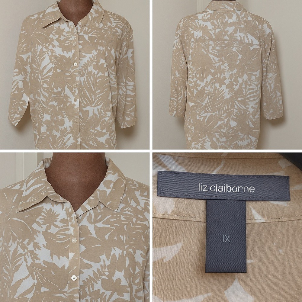 Liz Claiborne Women 1X Button Up Shirt‎ Tropical Leaves Tan/White Coastal Resort